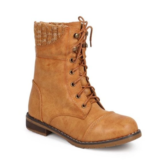 Nature Breeze Knit Cuffed Vegan Leather Lace Up Mid Calf Boots - Picture 2 of 5